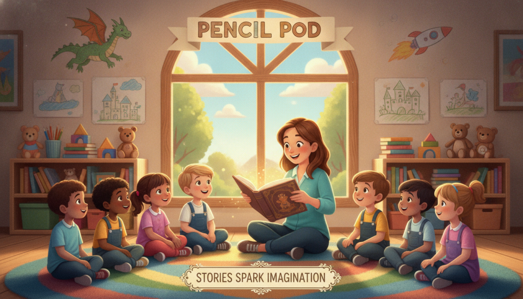 A colorful and engaging illustration depicting the benefits of storytelling for young children, set in a cozy classroom environment. In the foreground, a diverse group of preschool children, dressed in modest casual clothing, sit in a circle on a vibrant carpet, captivated by a storyteller. The storyteller, a friendly adult in professional attire, holds an open storybook, radiating warmth and enthusiasm. In the middle ground, shelves filled with books and educational toys create an inviting atmosphere, while a large window allows soft, natural light to pour in, illuminating the scene. In the background, whimsical drawings related to various stories decorate the walls, enhancing the storytelling theme. The overall mood is cheerful and inspiring, emphasizing the joy and creativity of learning through storytelling. This illustration is designed for "Pencil Pod". A colorful and engaging illustration depicting the benefits of storytelling for young children, set in a cozy classroom environment. In the foreground, a diverse group of preschool children, dressed in modest casual clothing, sit in a circle on a vibrant carpet, captivated by a storyteller. The storyteller, a friendly adult in professional attire, holds an open storybook, radiating warmth and enthusiasm. In the middle ground, shelves filled with books and educational toys create an inviting atmosphere, while a large window allows soft, natural light to pour in, illuminating the scene. In the background, whimsical drawings related to various stories decorate the walls, enhancing the storytelling theme. The overall mood is cheerful and inspiring, emphasizing the joy and creativity of learning through storytelling. This illustration is designed for "Pencil Pod".