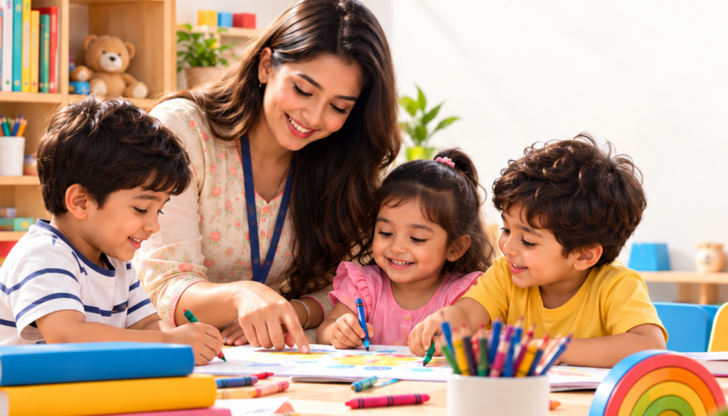 A vibrant play-based preschool scene featuring young children engaged in various creative activities. In the foreground, a diverse group of toddlers is playing with colorful building blocks, constructing imaginative structures. One child is painting at a small easel, showcasing their creativity. In the middle ground, a cozy reading nook is visible with soft cushions and books stacked high, inviting exploration. Brightly colored artwork by the children hangs on the walls, adding to the lively atmosphere. The background features large windows letting in warm, natural light, illuminating the cheerful space. The overall mood is joyful and dynamic, promoting a sense of discovery and collaboration. The image should embody a nurturing environment associated with "Pencil Pod," capturing the essence of play-based learning essential for child development.