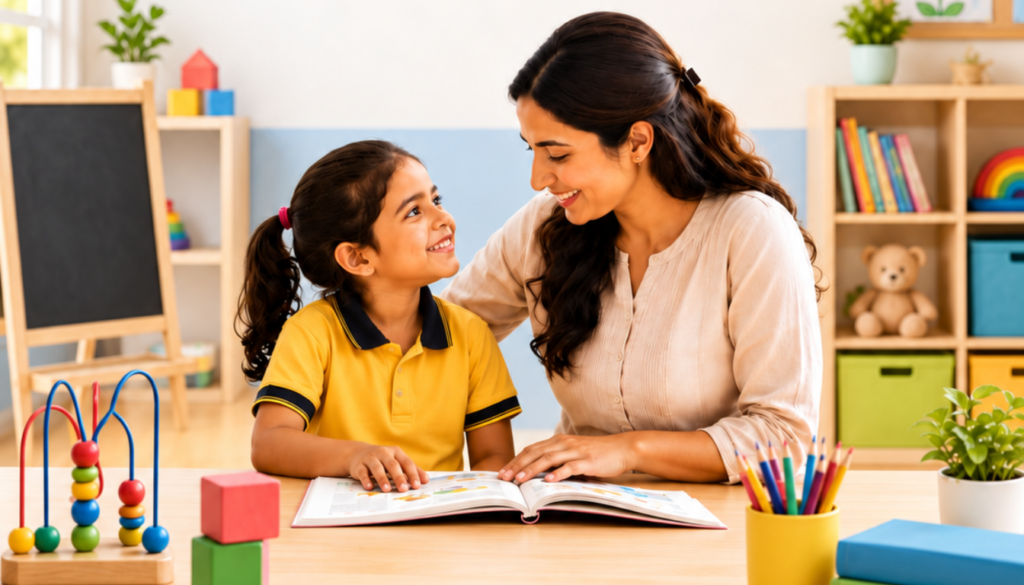 A vibrant scene of children engaged in play-based learning activities, highlighting confidence and independence. In the foreground, a diverse group of three children (two boys and a girl) are building a colorful block tower, their faces lit up with joy and determination. In the middle ground, an assortment of art supplies like crayons, paper, and puzzles scattered around a cozy learning corner, suggesting creativity in action. The background features a bright, airy classroom filled with educational posters, plants, and soft natural lighting pouring in from large windows, creating an uplifting atmosphere. The scene portrays a sense of exploration and fun, with kids in modest clothing immersed in their activities, embodying the essence of "Pencil Pod."