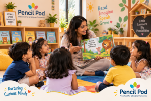 A cozy preschool storytelling scene, focusing on a diverse group of children aged 3 to 5, engaged and attentive as a warm and friendly storyteller, a woman in modest casual clothing, animatedly shares a colorful picture book. The foreground features the children sitting on a soft, vibrant rug, their expressions filled with wonder and curiosity. In the middle, the storyteller gestures towards the book, with illustrations of whimsical characters visible. The background showcases a brightly decorated classroom with cheerful wall art, bookshelves filled with children’s books, and soft lighting that creates a warm, inviting atmosphere. The scene reflects the joy of storytelling, inviting connection and communication among the children, embodying the essence of learning and engagement, branded with "Pencil Pod". Storytelling for kids helping preschool children develop communication skills