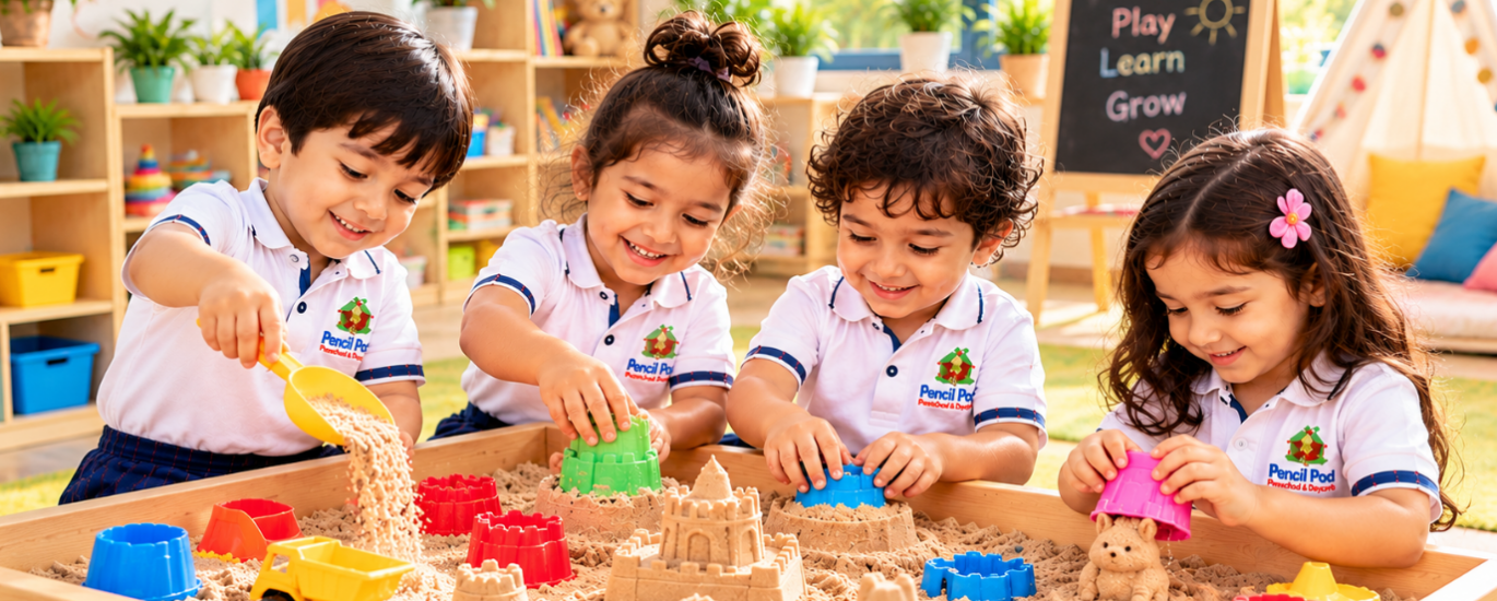 Children enjoying sensory play activities at PencilPod Preschool in Wakad, Pune